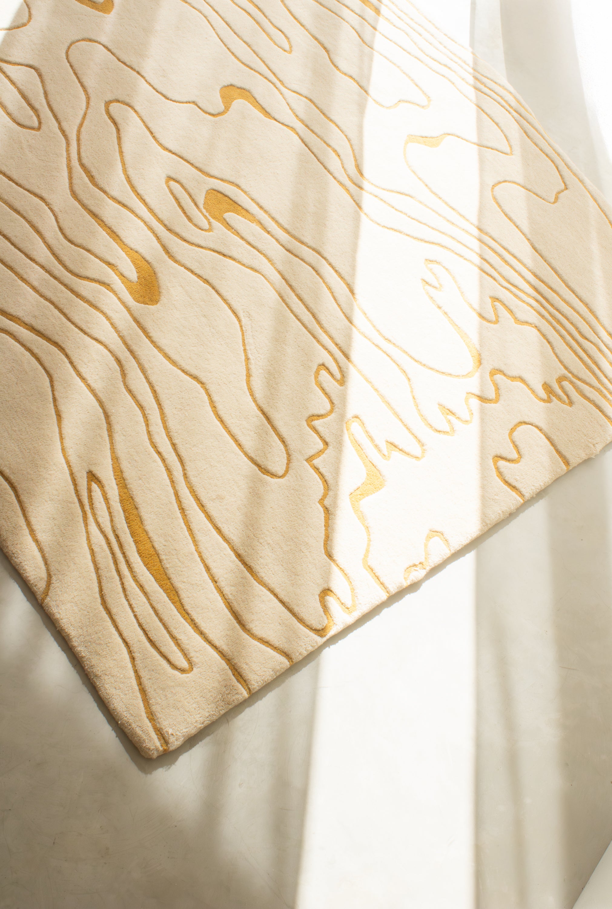 ETTORE wool rug with natural wood vein pattern – angled view