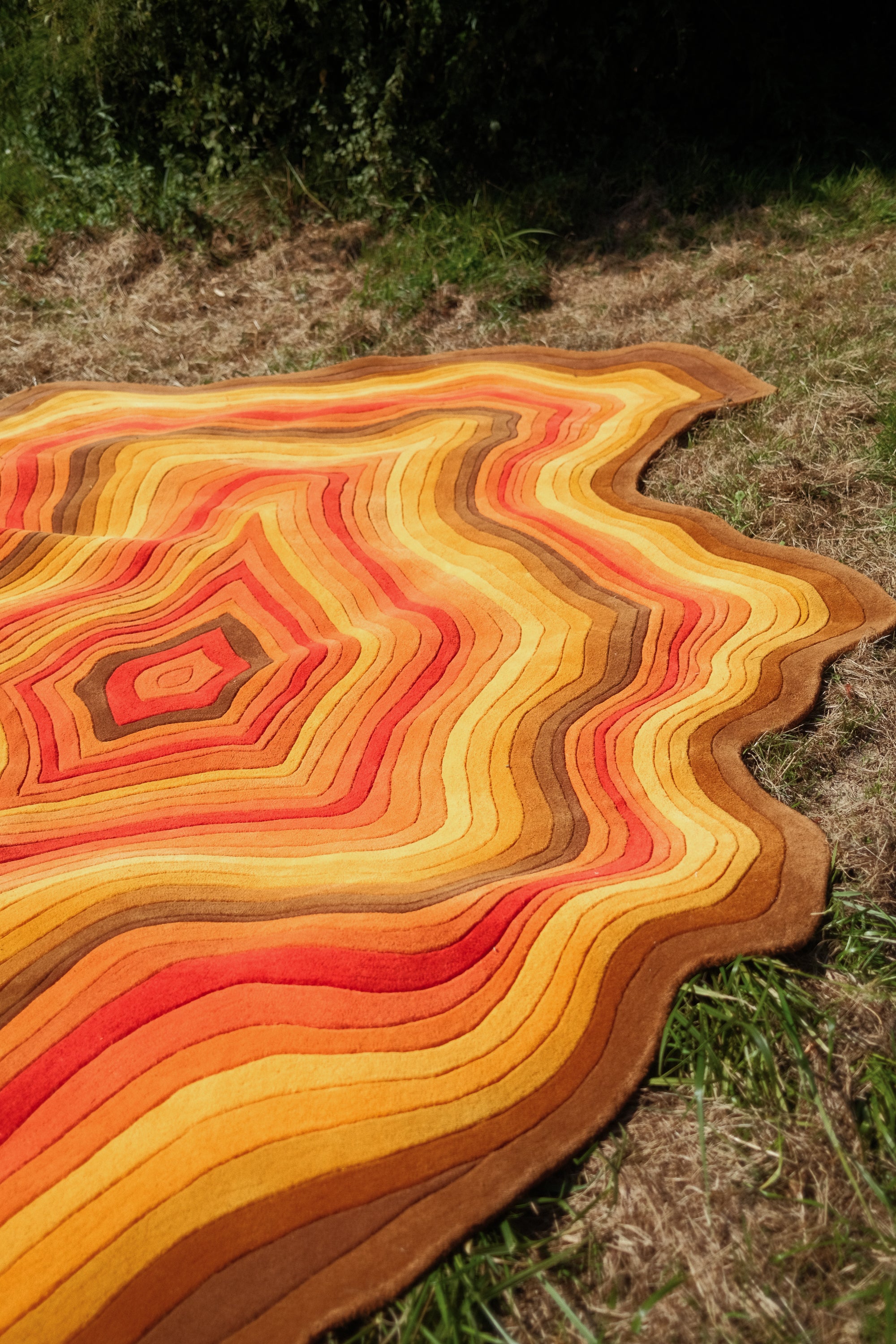 The Crystal sculptural rug with layered psychedelic curves in warm tones